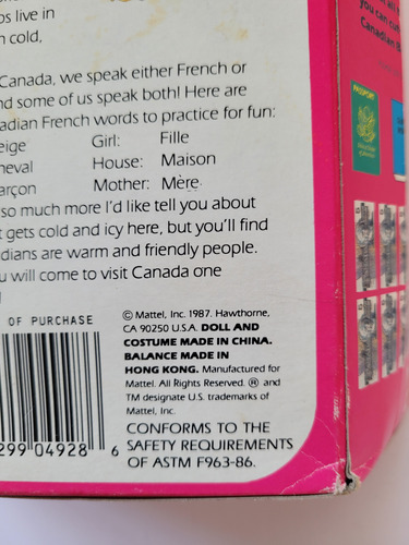 Barbie Canada Dolls Of The World Collection 1987 Mattel (Usado)