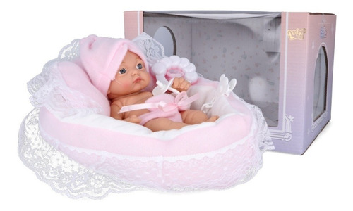 Imagen 2 de 3 de Muñeco Bebe Recien Nacido C/moises 25cm Simil Rebourn