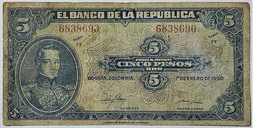 Billete 5 Pesos 01/ene/1950 Colombia Fine