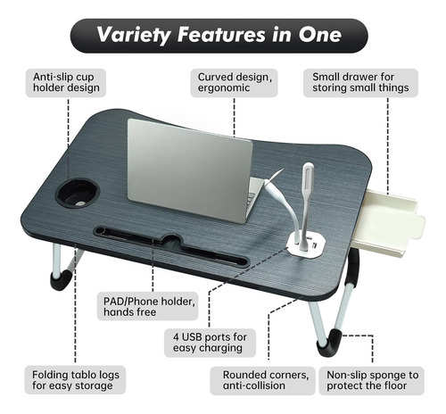 Mesa Plegable Portátil Puerto De Carga Usb/portavasos/...