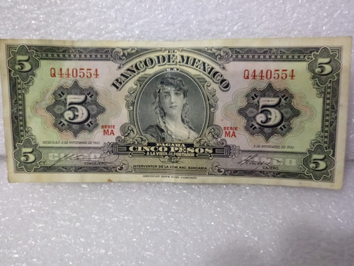 Billete  De Cinco Pesos  Mexicanos Edicion 1961  