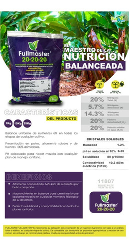 Imagen 3 de 3 de Fullmaster Npk 20-20-20 1kg Abono Foliar Triple 20