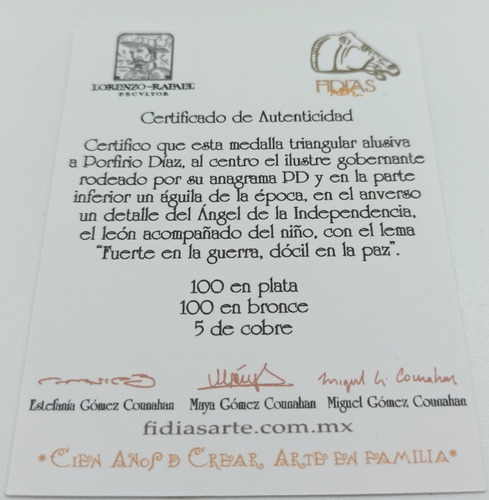 Medalla Triangular Alusiva A Porfirio Díaz Edición Limitada