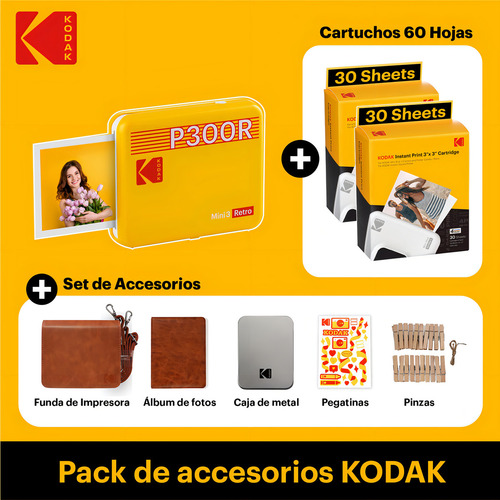 Kodak Mini 3 Retro 4pass Impresora De Fotos Portátil (7,6x7,6cm) + Pack De Con 68 Hojas, Negro