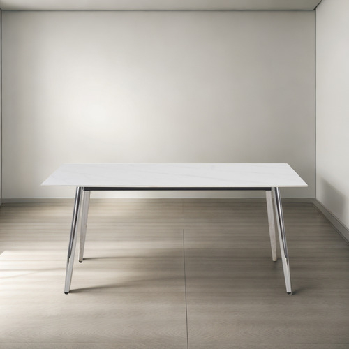 Juego Comedor Bulnes Cromo Neolith 140 + 4 Sillas Veneta Blanco Cuero Sintetico