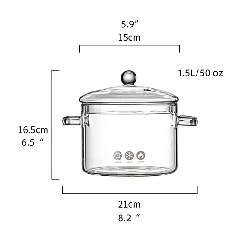 Olla de Cristal Resistente al Fuego (Para cocinar, de 1.5L oz) Incluye su  Tapa