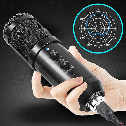 Micrófono Condenser Usb Con Efecto Echo Camara Soporte Cable Color Negro