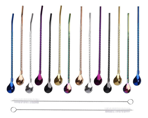 Popotes Acero Inoxidable 14 Piezas, Cucharas 2 En 1, Pajitas