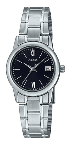 Reloj de pulsera Casio LTP-V002 de cuerpo color plateado, analógico, para mujer, fondo negro, con correa de acero inoxidable color plateado, agujas color gris, dial gris, minutero/segundero gris, bisel color plateado y desplegable