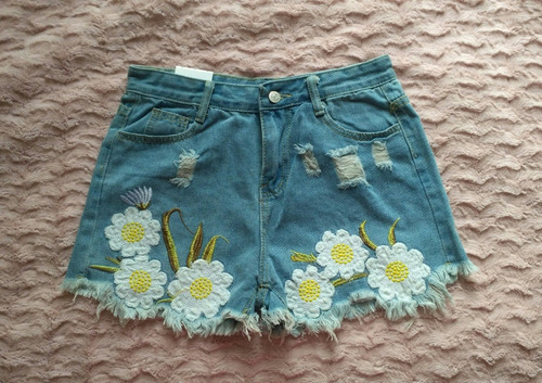 Short De Jean Con Bordado Flores Talla 28 Nuevo Importado