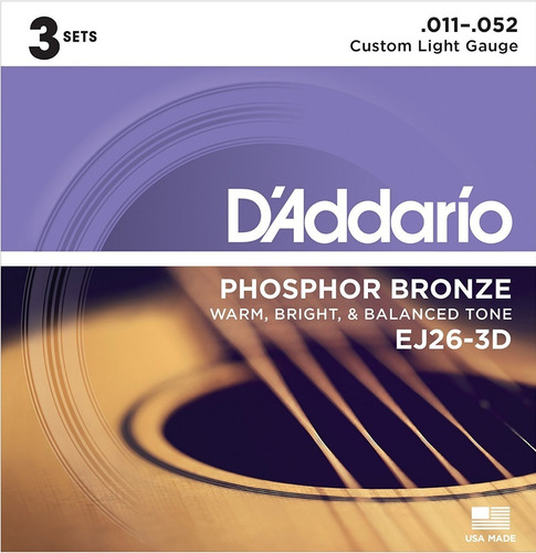 Encordado Daddario Ej26-3d Acustica 011 Phos Bronce X Unidad