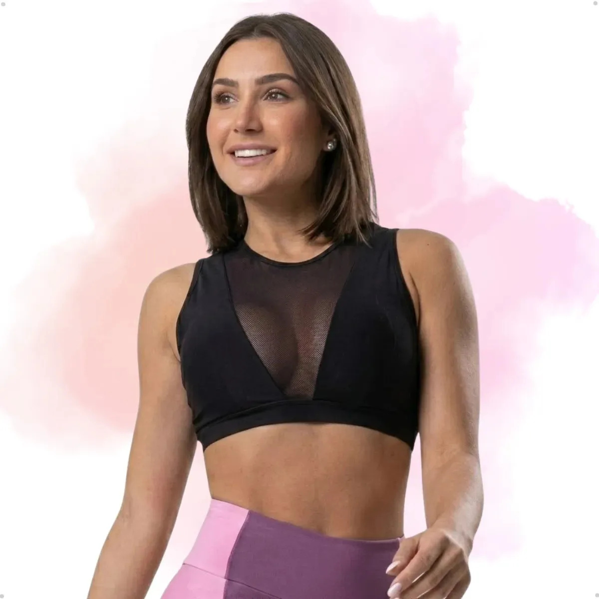 Top Feminino Ausare com Tule, Proteção UV50+, para Academia e Treino