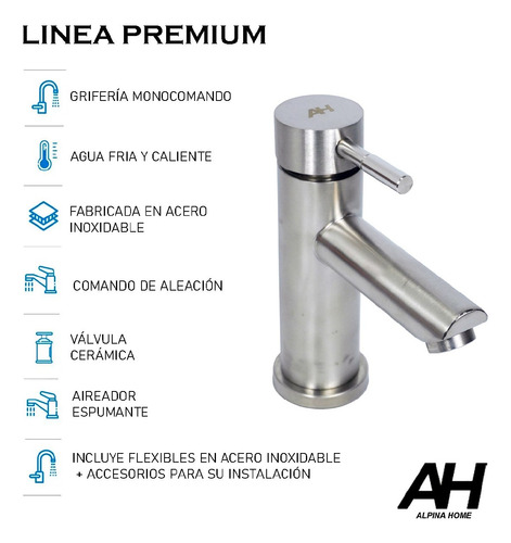 Griferia Monocomando Ah Home De Mesada Acero Inoxidable Ah14