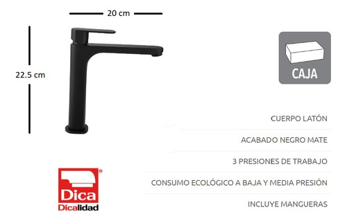 Monomando Lavabo Plano Largo Acero Negro Mate Dica 33102670