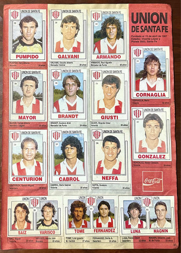 Figuritas Unión De Santa Fe Álbum Fútbol 1992 Hoja Completa