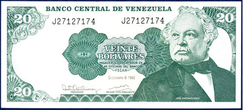 Billete 20 Bolívares J8 Diciembre 8 1992 José Antonio Páez