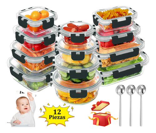 12 Recipientes Herméticos De Vidrio Con Tapa Transparentes Y Compatibles Con Microondas Y Refrigeradores
