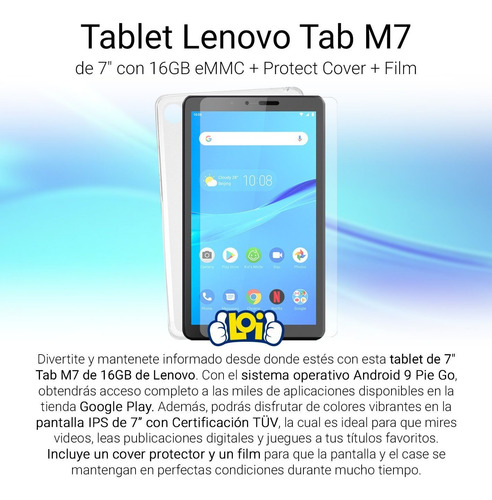 Imagen 10 de 10 de Tablet Lenovo Tab M7 4g Lte 16gb + Protect Cover + Film Loi