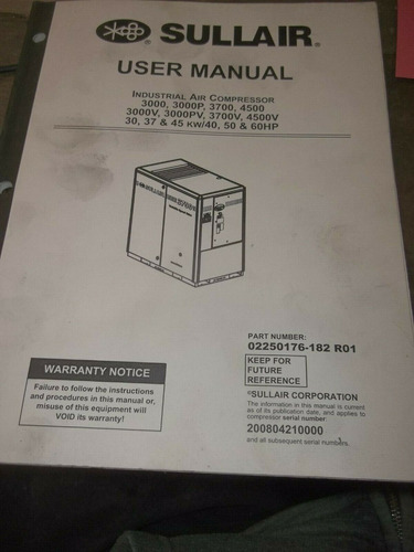 Sullair 02250176-182 R01 User Manual Air Compressor 3000 Vvp