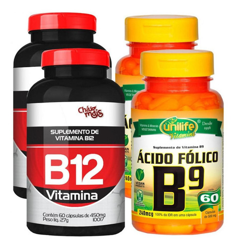 Vitamina B12 E Vitamina B9 Ácido Fólico Kit 4 Frascos