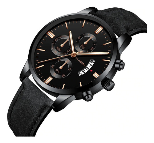 Relógio Masculino Preto Pulseira Couro Cuena Envio Em 24h