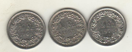 Suiza Lote De 3 Monedas De 1/2 Franco Años 1968/69/75