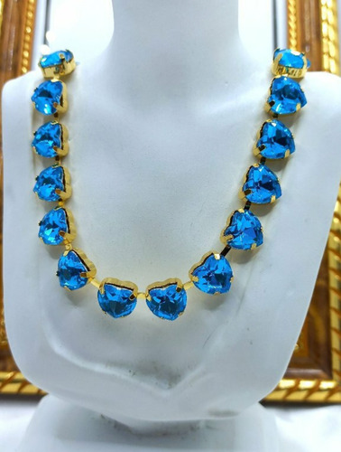 Collar De Corazones Azul Cristal Acrílico & Oro Laminado