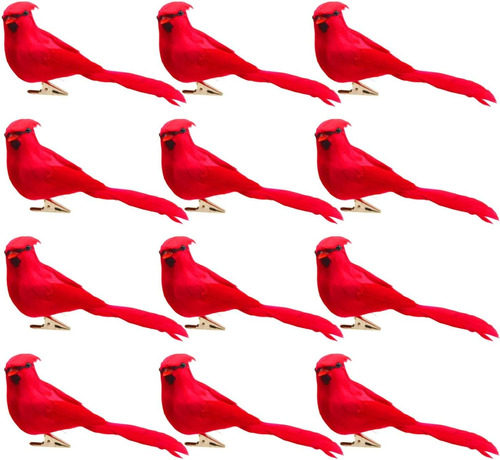 Paquete De 12 Pájaros Cardinales Rojos Con Clip, Adorn...
