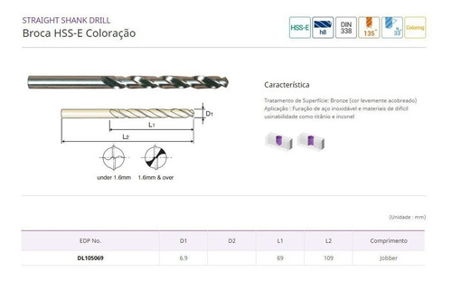 Broca Paral. 6,9 Mm - Din338n - Hss-m35 - Yg-1