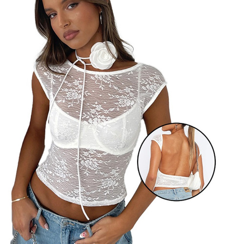 Camiseta De Rejilla Transparente Sin Espalda Para Mujer