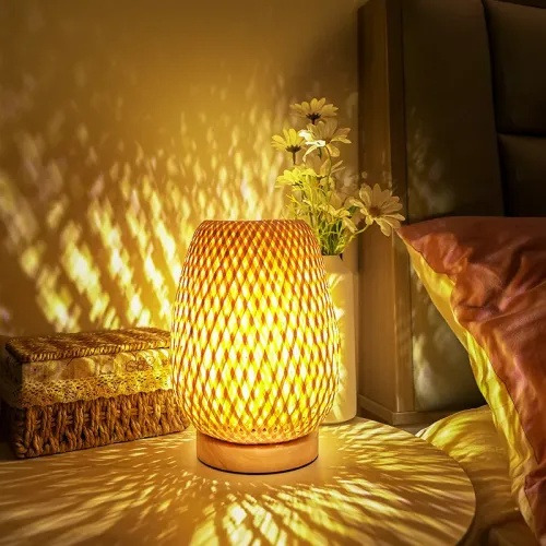 Newnewb Abajur Romântico De Bambu, Lâmpada De Mesa De Cabece