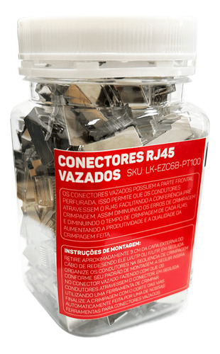 Pote Com 100 Peças Conector Plug Rj45 Vazado Cat6 Blindado