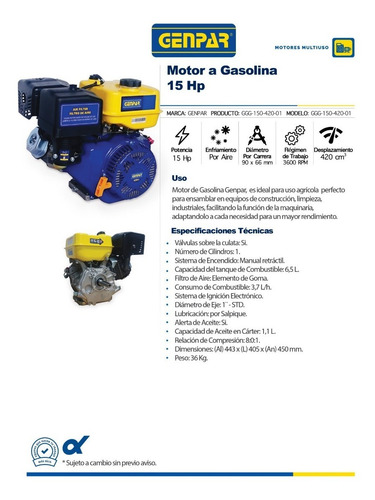 Imagen 2 de 3 de Motor A Gasolina 15hp 420cc Eje Std 1 3600 Rpm Genpar Drop