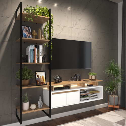 Rack Industrial Home Theater C/ Estante Ferro E Madeira Cor Lamina/Preto/Branco