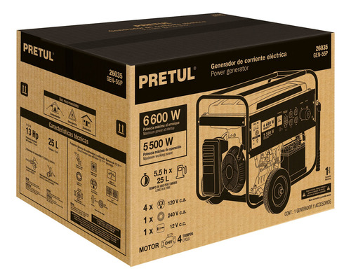 Generador Portátil 6.6 Kw Motor A Gasolina, Pretul 26035