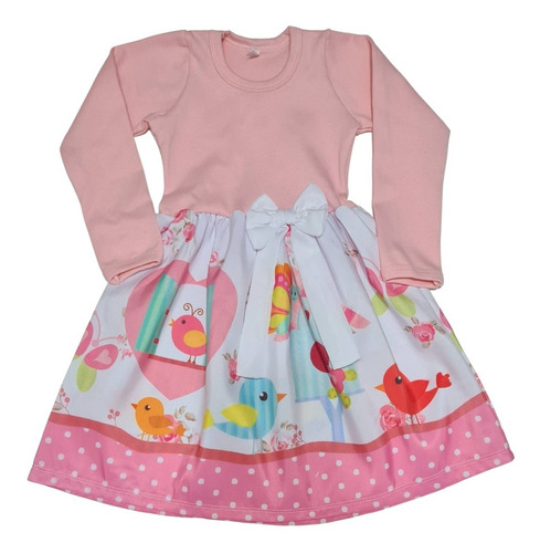 Vestido Infantil Manga Longa Passarinho Inverno Jardim Fab2