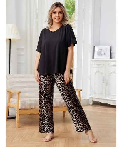 Conjunto De Pijama Con Estampado De Leopardo De Talla Grande