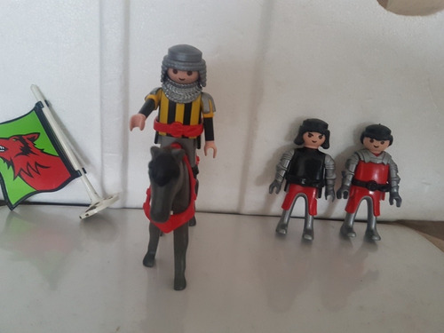 Playmobil Lote De 3 Caballeros Lobo  Rojo Y Caballo Vintage.