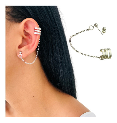 Aretes Ear Cuff Mujer Hombre Moda Ajustable Barra Plateado