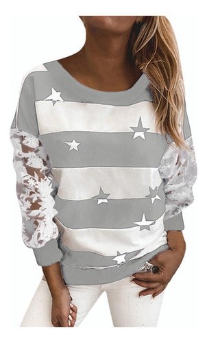 Blusas A Rayas Con Cuello Redondo Y Mangas De Encaje Con Est