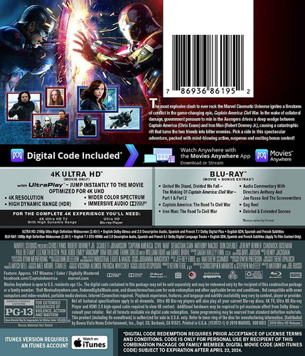 4k Ultra Hd + Blu-ray Captain America Civil War | Envío gratis