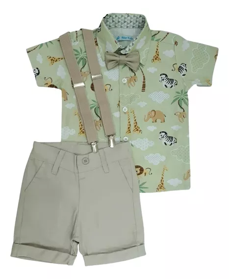 Safari Roupa Festa Menino Bermuda E Suspensório, Camisa Social Temática Infantil Safári