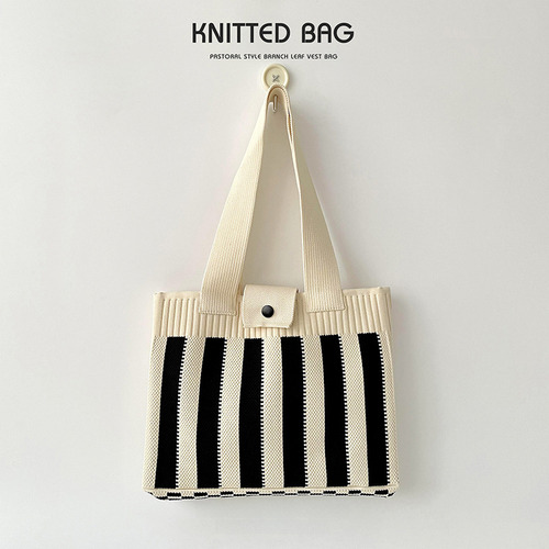 Striped Knit Tote Bag Large Capacity Shoulder Handbag