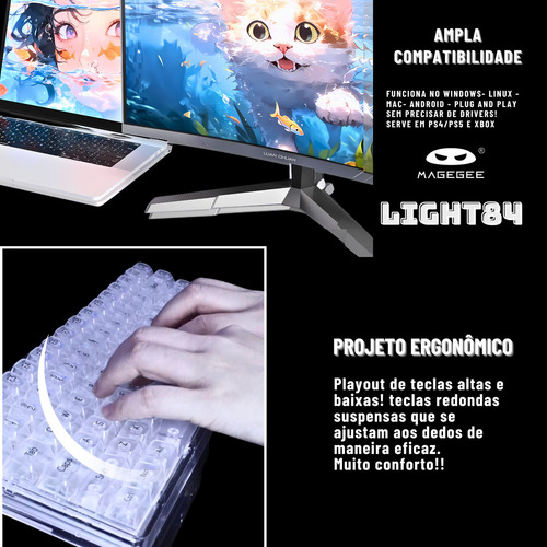 Teclado Mecânico Gamer Transparente Magegee Light84 Sem Fio 3 modos Wireless 2,4G Bluetooth e com fio Rgb Translucido Gasket switches pré lubrificados