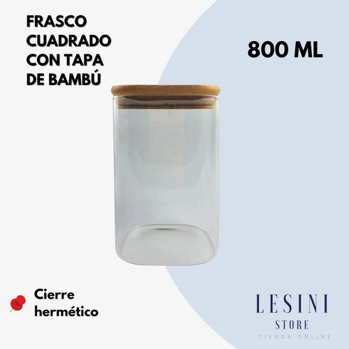 Imagen 5 de 10 de Set X 2 Frascos De Vidrio Cuadrado Con Tapa De Madera 800ml