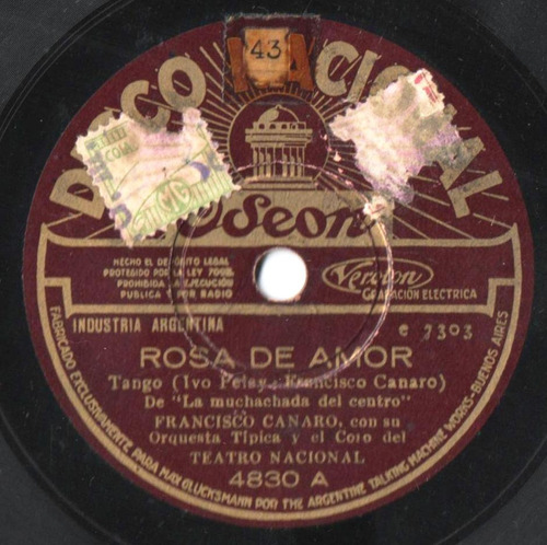Disco Original Pasta 78 Rpm Francisco Canaro Rosa De Amor