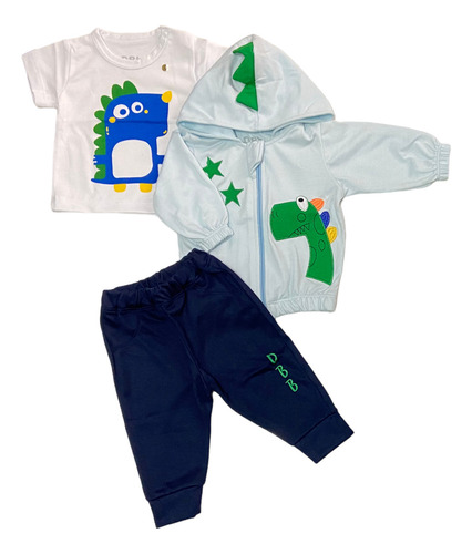 Buzo 3 Piezas 100% Algodón Capucha Con Estampado Dinosaurio