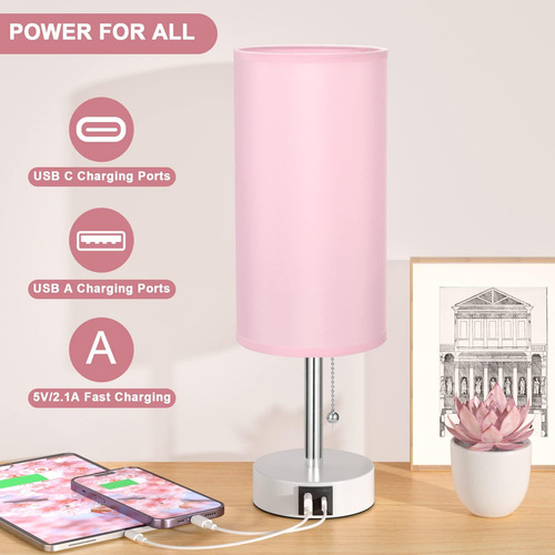 Lámpara De Mesa Rosa Con 3 Modos Y Puertos Usb-c Y A