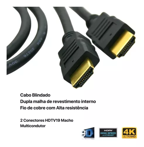 Cabo Hdmi 10m Metros Premium 2.0 Blindado Ultra FullHd 4k 3d Para Smart Tv  Note Pc Alta Definição 1080p Banhado a Ouro - Leffa Shop - Cabo HDMI -  Magazine Luiza