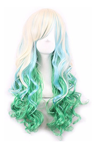 Imagen 2 de 6 de ! Peluca Cosplay Bicolor Rubio Verde Cyan Harajuku Ondulada!